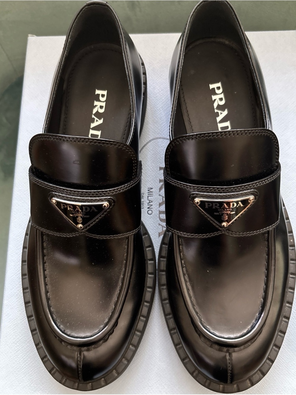 Prada Black Patent Leather Penny Loafers with Triangle Logo